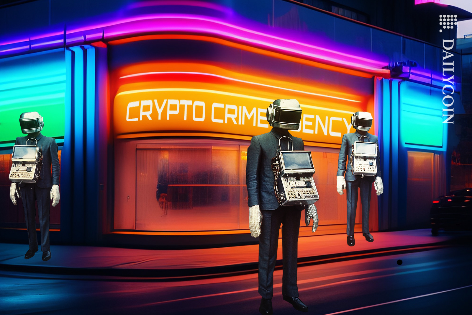Three agents standing outside of Crypto Crime Agency.