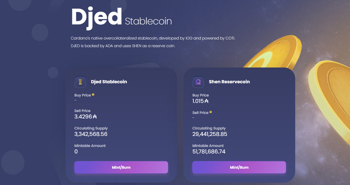DJED stablecoin website landing page.
