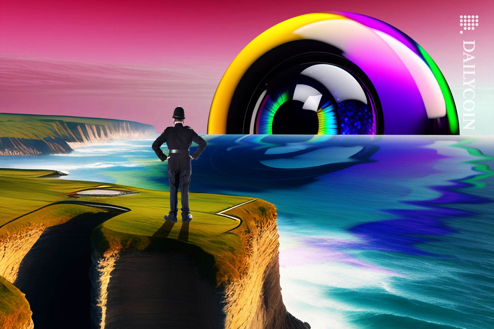 A bobby standing on the white cliffs of Dover checking out a giant eyeball appearing on the horizon.
