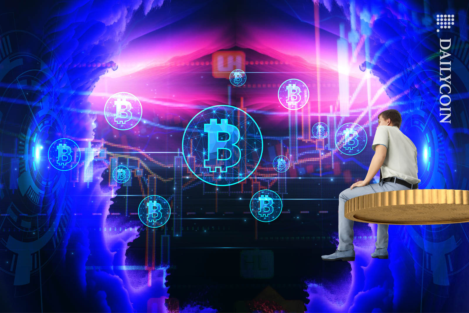 A business man sitting on a coin looking at a screen full of trading and ETF related graphics.