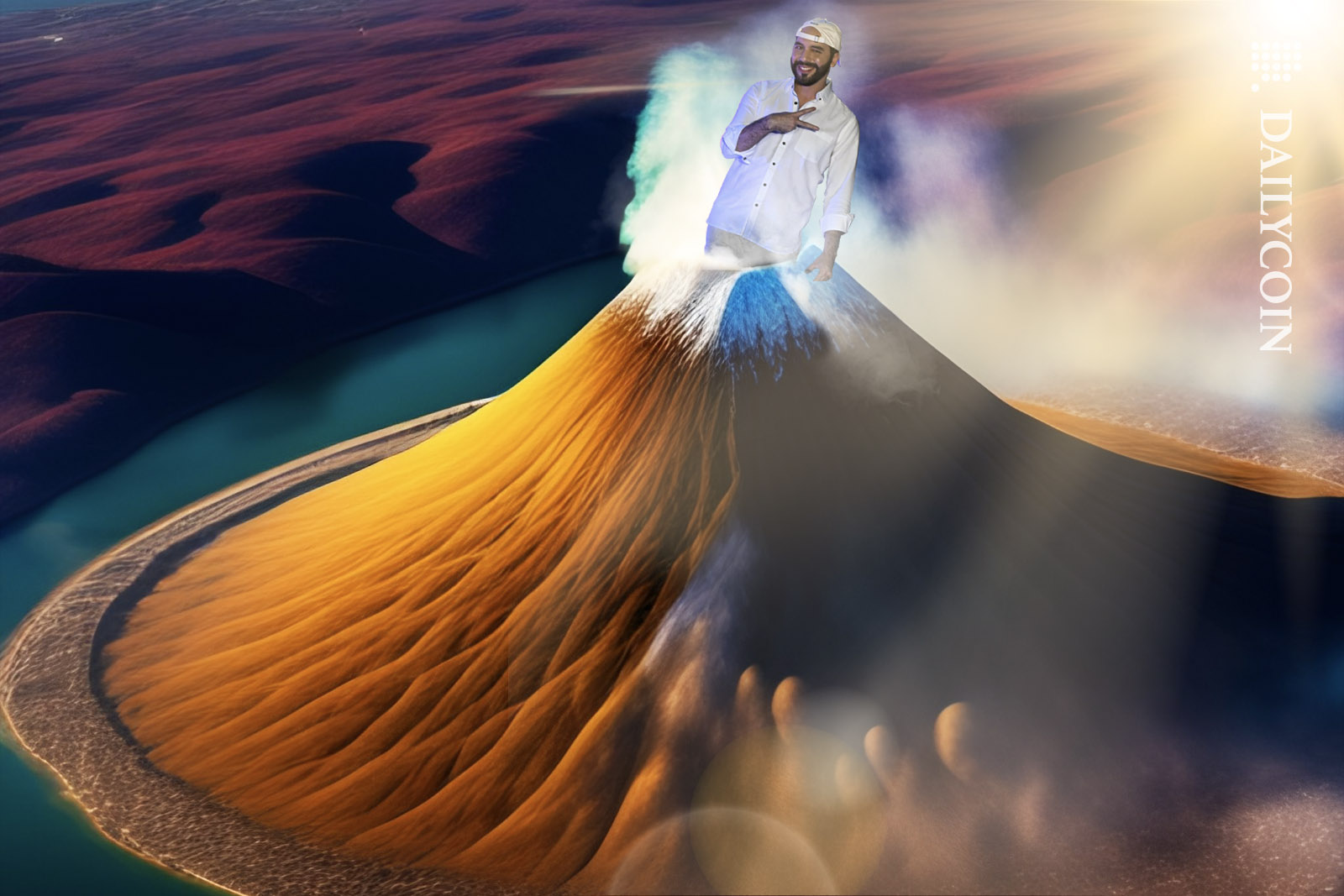 Nayib Bukele emerging from a volcano showing the peace sign with his hand.