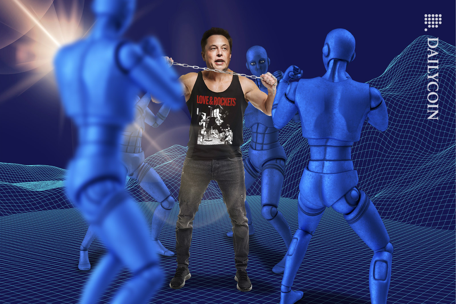 Elon Musk fighting four robots with a chain in a digital landscape.