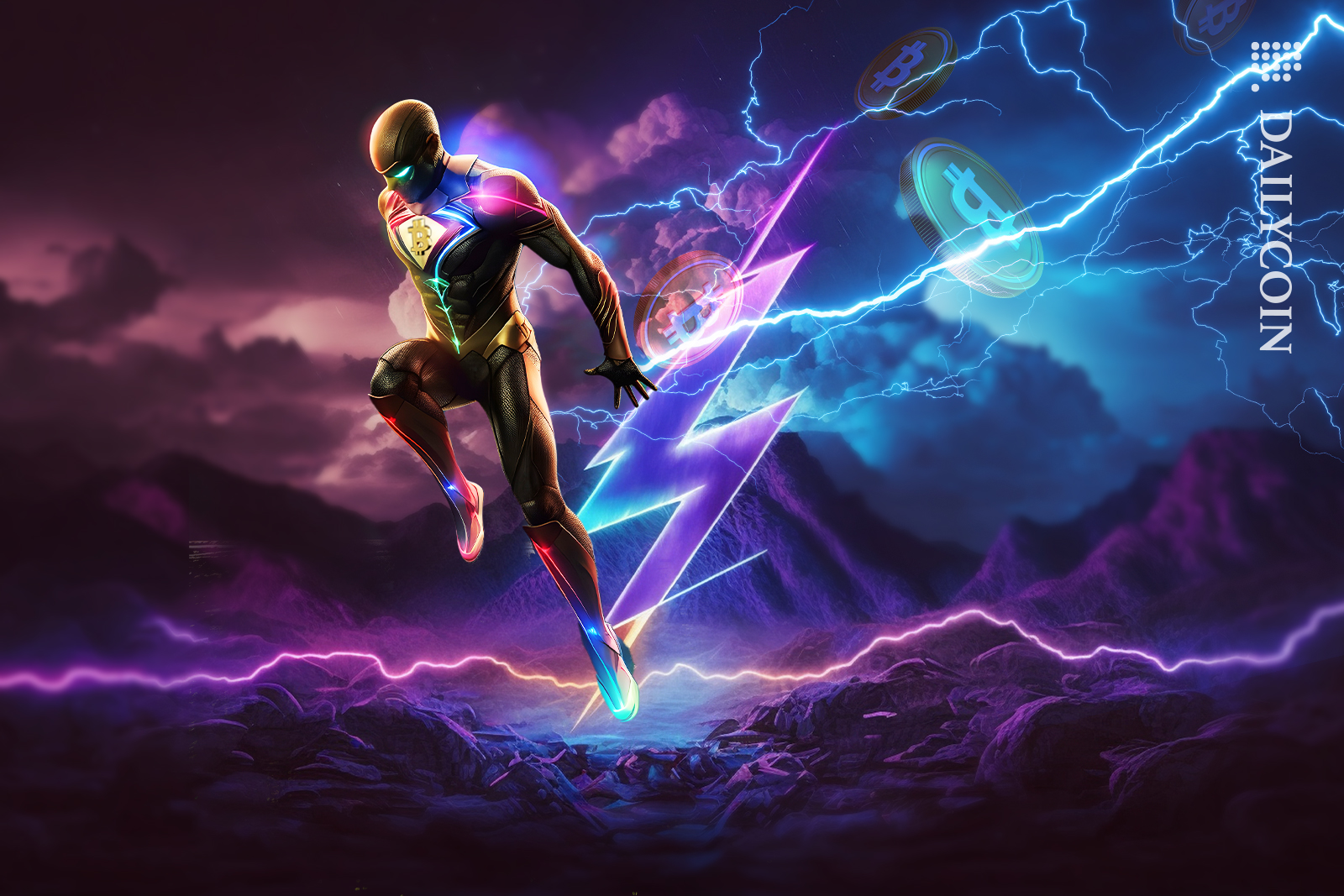 Bitcoin flash character running in lightning space with bitcoins.