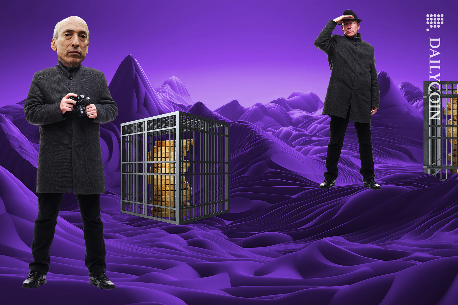 Gary Gensler and his detective holding crypto coins in jail, looking out for the next ones.