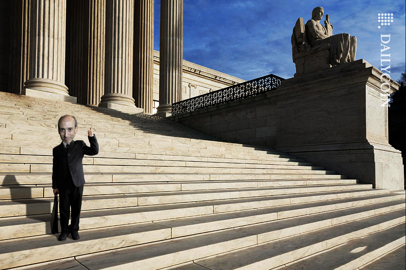 A very small Gary Gensler celebrating a small victory on the stairs of a court house building.