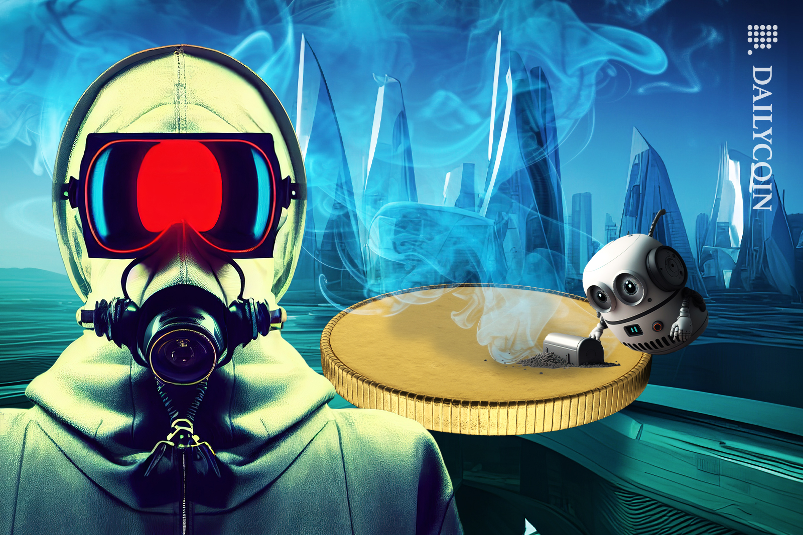 Little robot hoovering the smoky coin, and with gas mask is facing us.