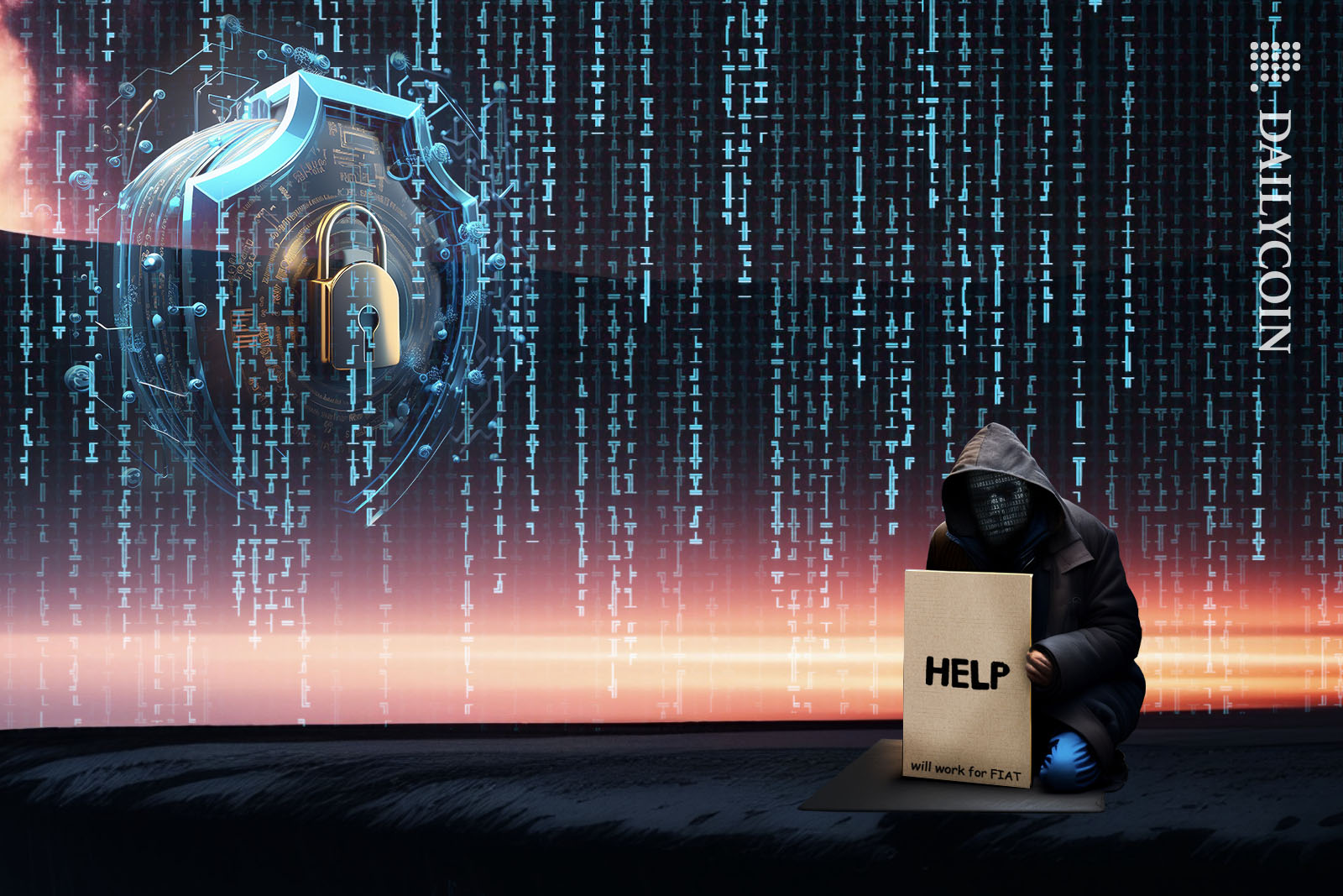 Homeless hacker asking for help infont of an unbreakable code wall.