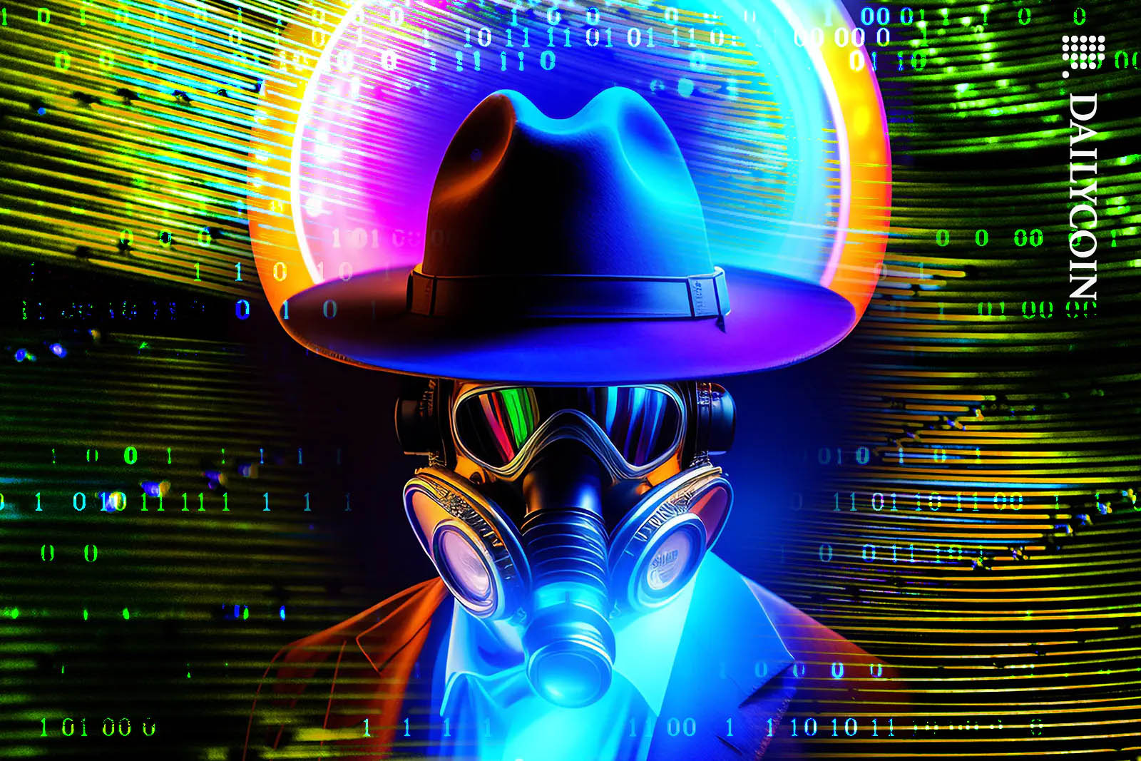 Digital hacker staring at the camera surrounded by digital glitch and code.