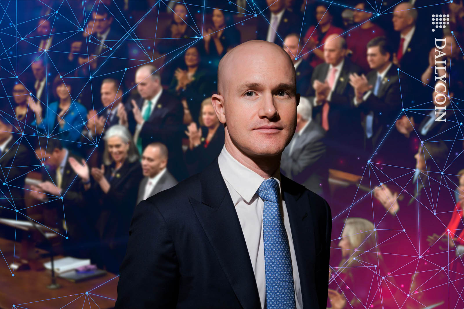Brian Armstrong standing infront of a crowd of cheering politicians.