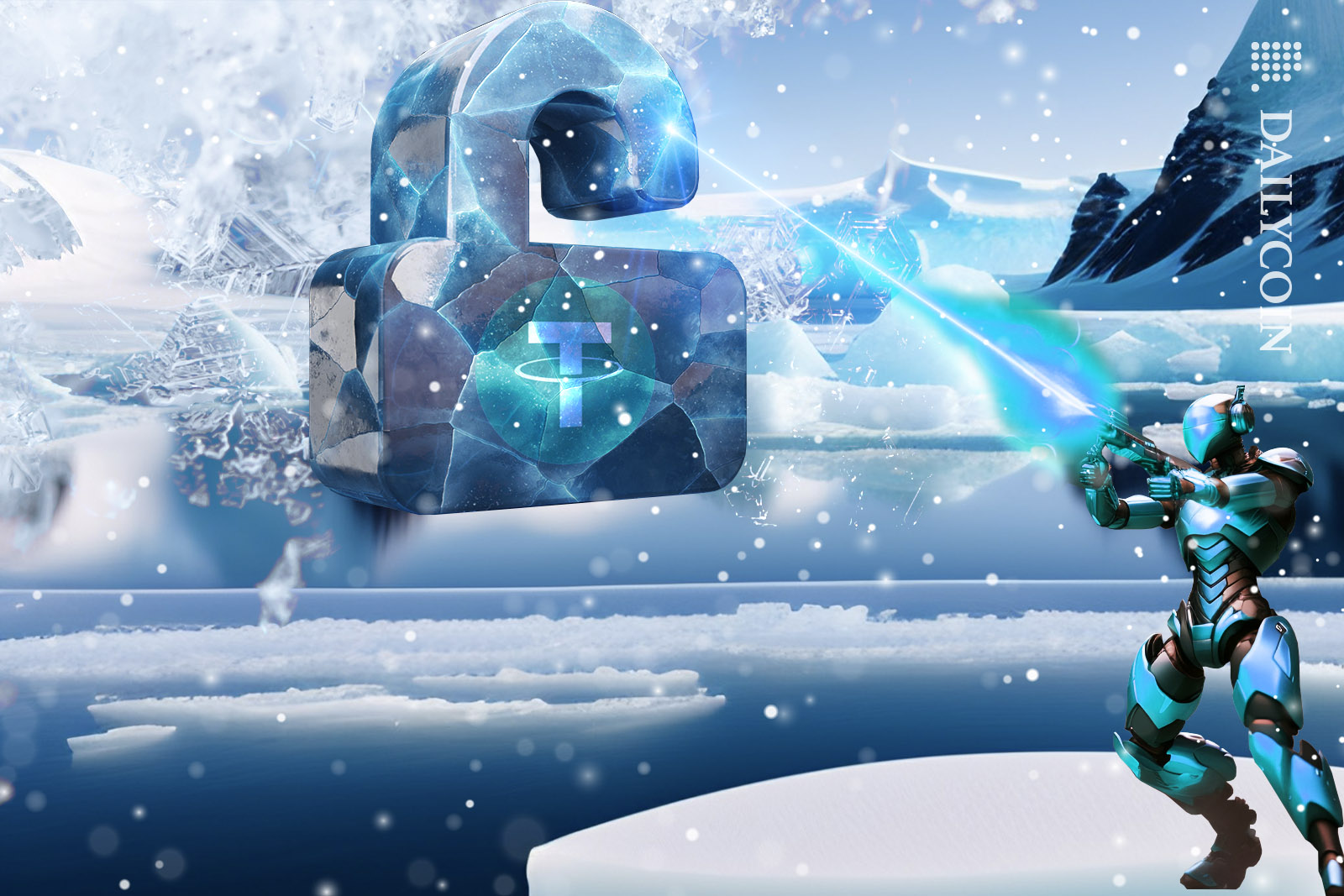 A huge ice padlock being generated by a robot with a special gun.