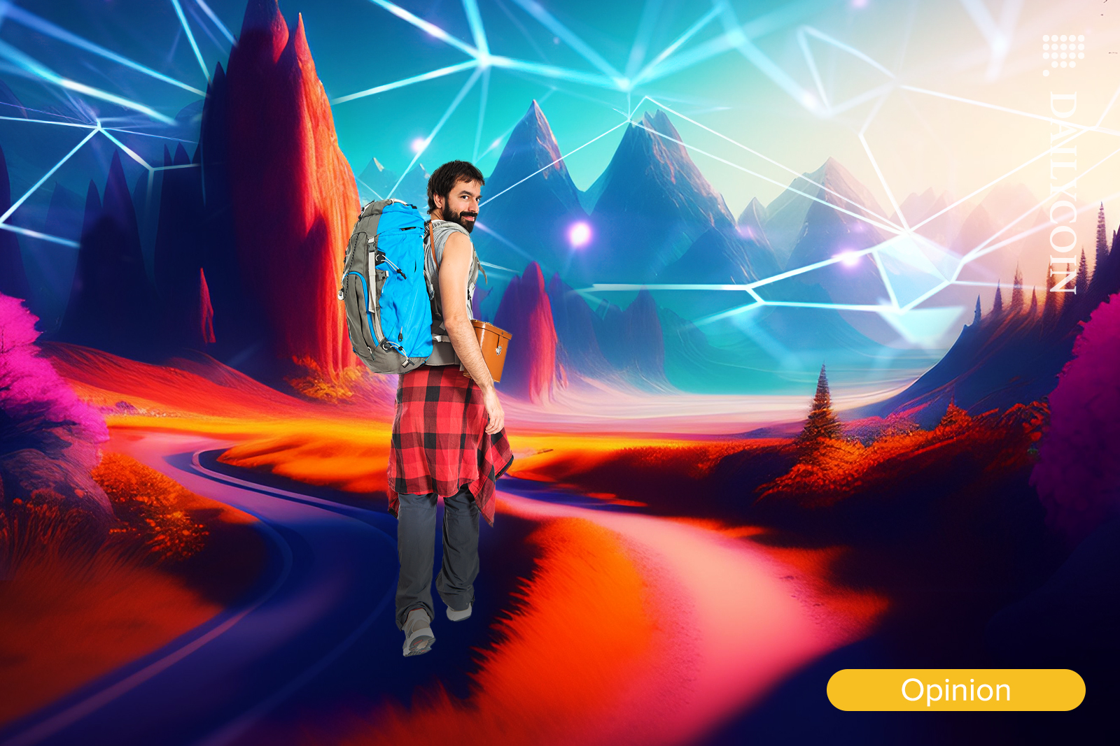 Man with a backpack about to go on a journey of blockchain.