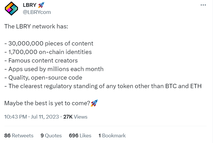 LBRY tweet about LBRY network benefits.