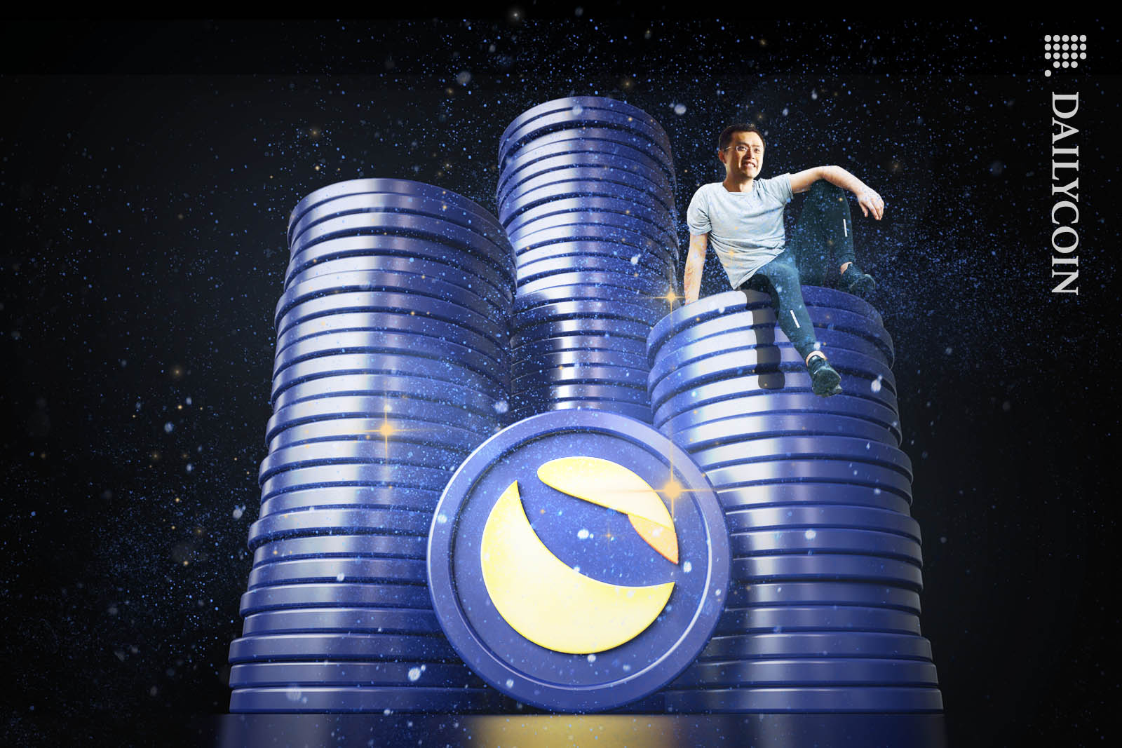 Changpeng Zhao sitting on top of a tower of LUNC coins.