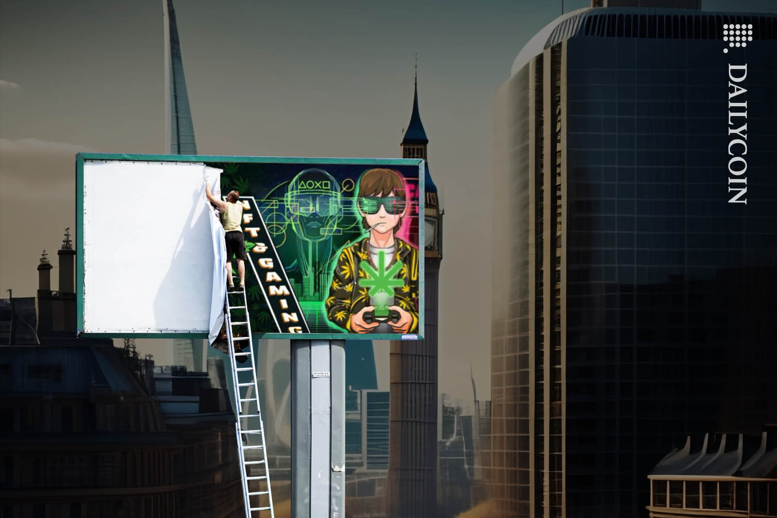 Man removing huge advertizing poster from billboard in futuristic london.