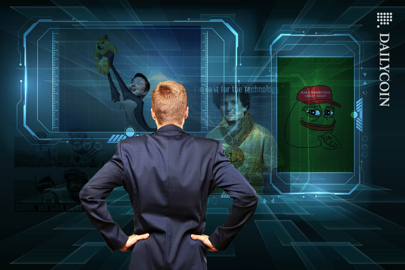 Man looking at crypto memes in a hightech futuristic office.