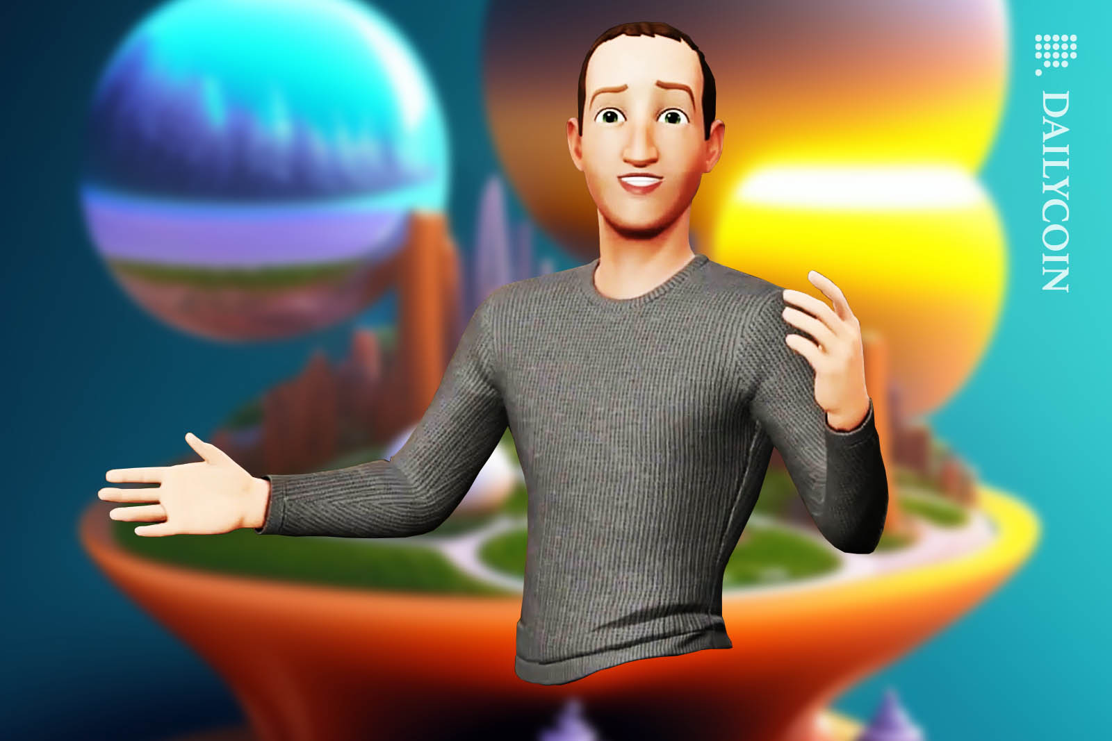 Legless Mark Zuckenberg avatar explaining something in front of a metaverse island.