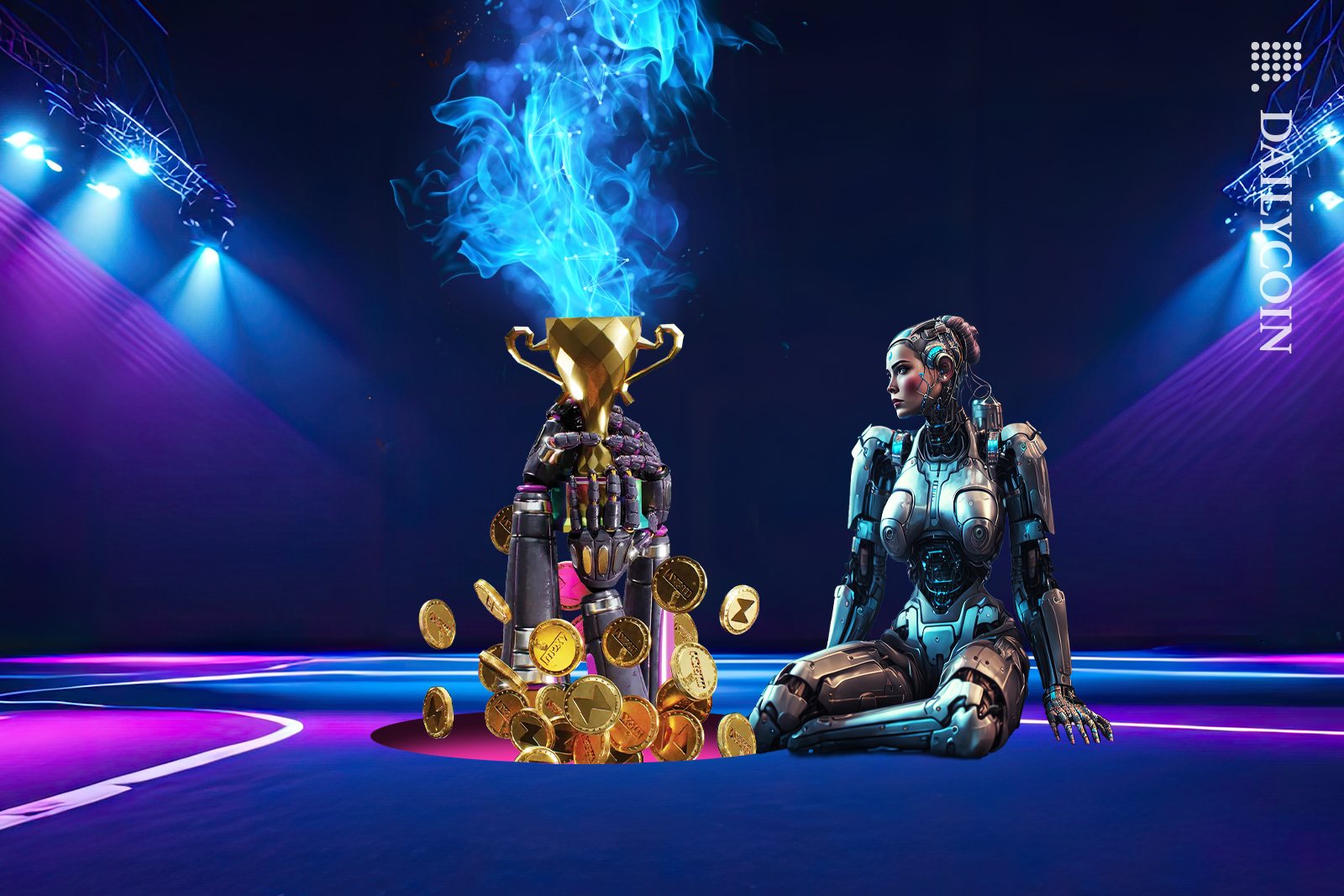 Player robot seeing Moxy.io trophy come up from the ground of an arena.