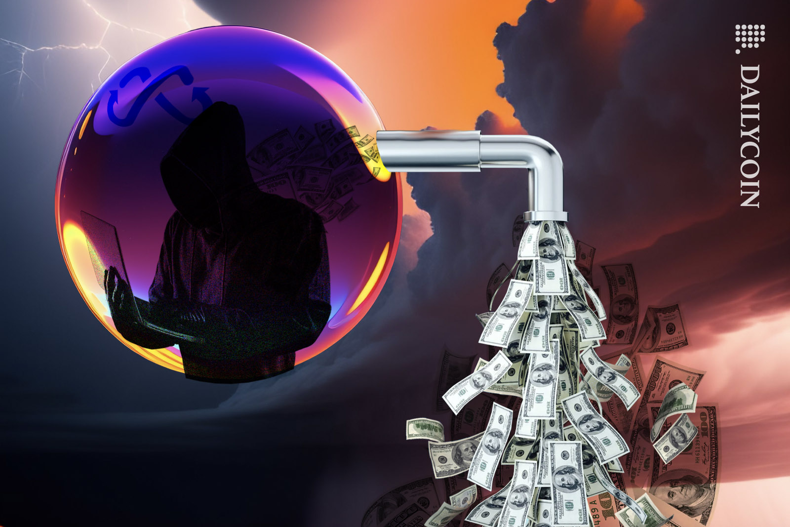A hacker draining a bubble of money from the inside