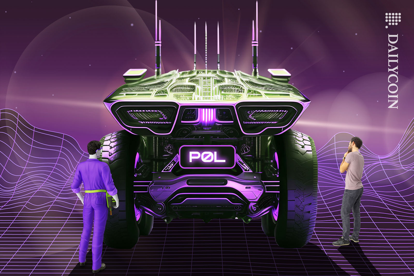 A developer and a mechanic looking at the new hyper vehicle they created with great satisfaction.