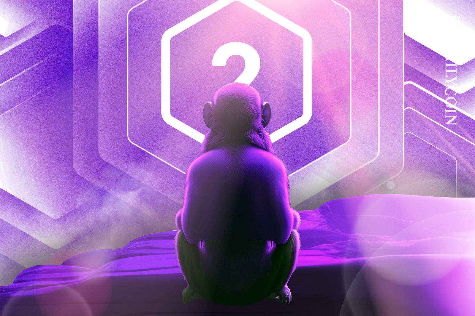 An ape sitting on a cliff looking at a Polygon 2.0 Commemorative NFT in an all urple environment.
