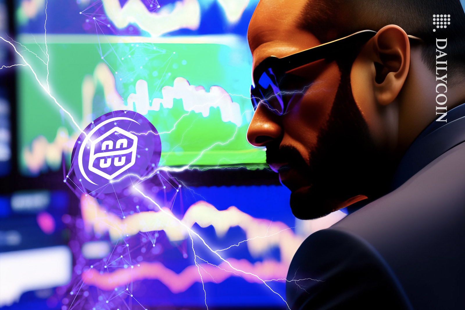 Man in a trading office, looking at a Polygon zkEVM coin materialising infont of his eyes.
