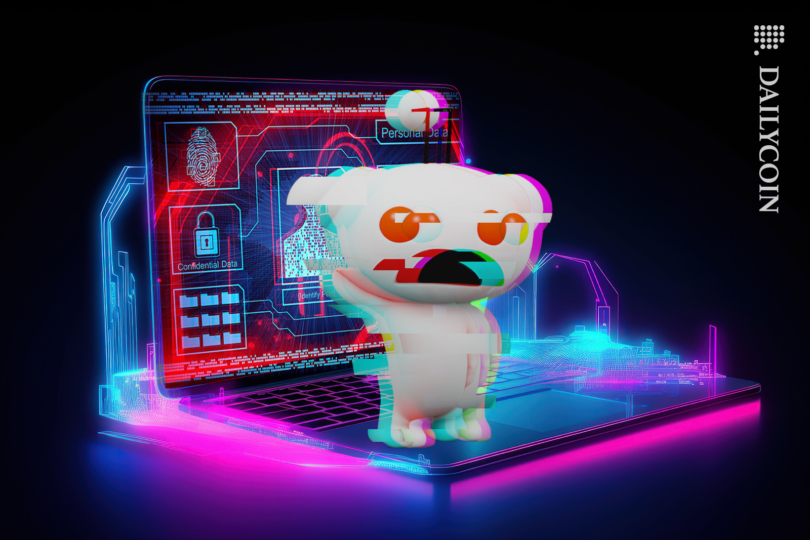 Reddit character on a laptop with hacked screen shouting and waving in glitch motion.