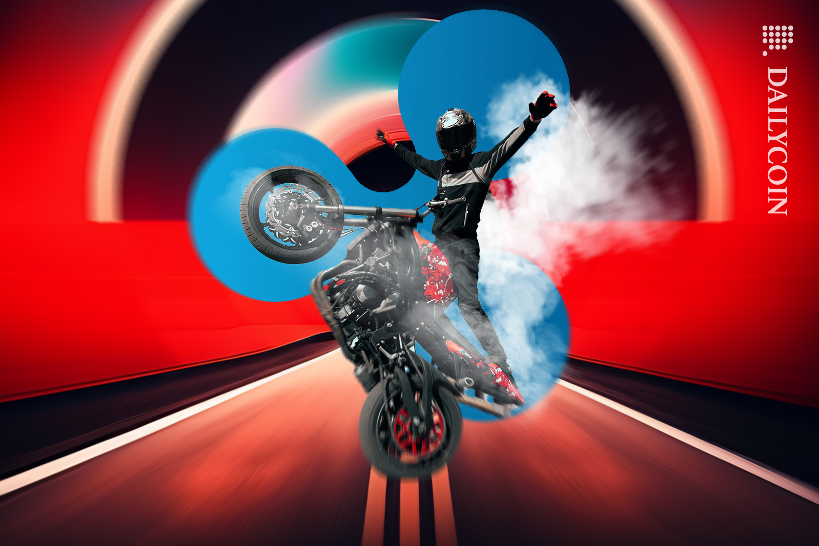 Man on a motorcycle reving on one tyre. Ripple logo behind.
