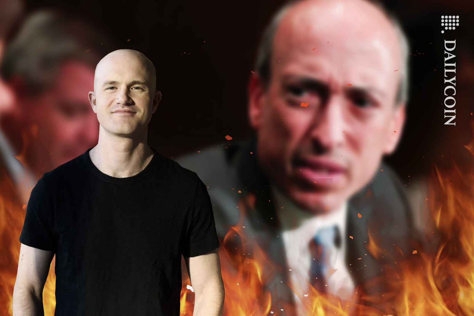 Brian Armstrong of Coinbase smiling in the foreground, whilst Gary Gensley fuming in the back.