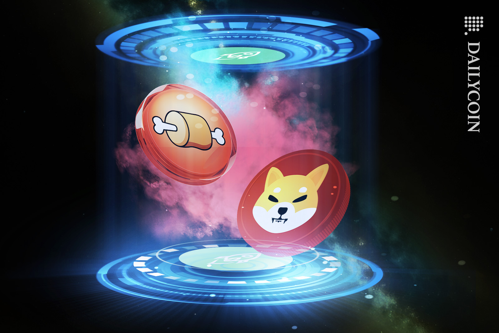 BONE and SHIBA coins levitating inside a futuristic teleport machine.