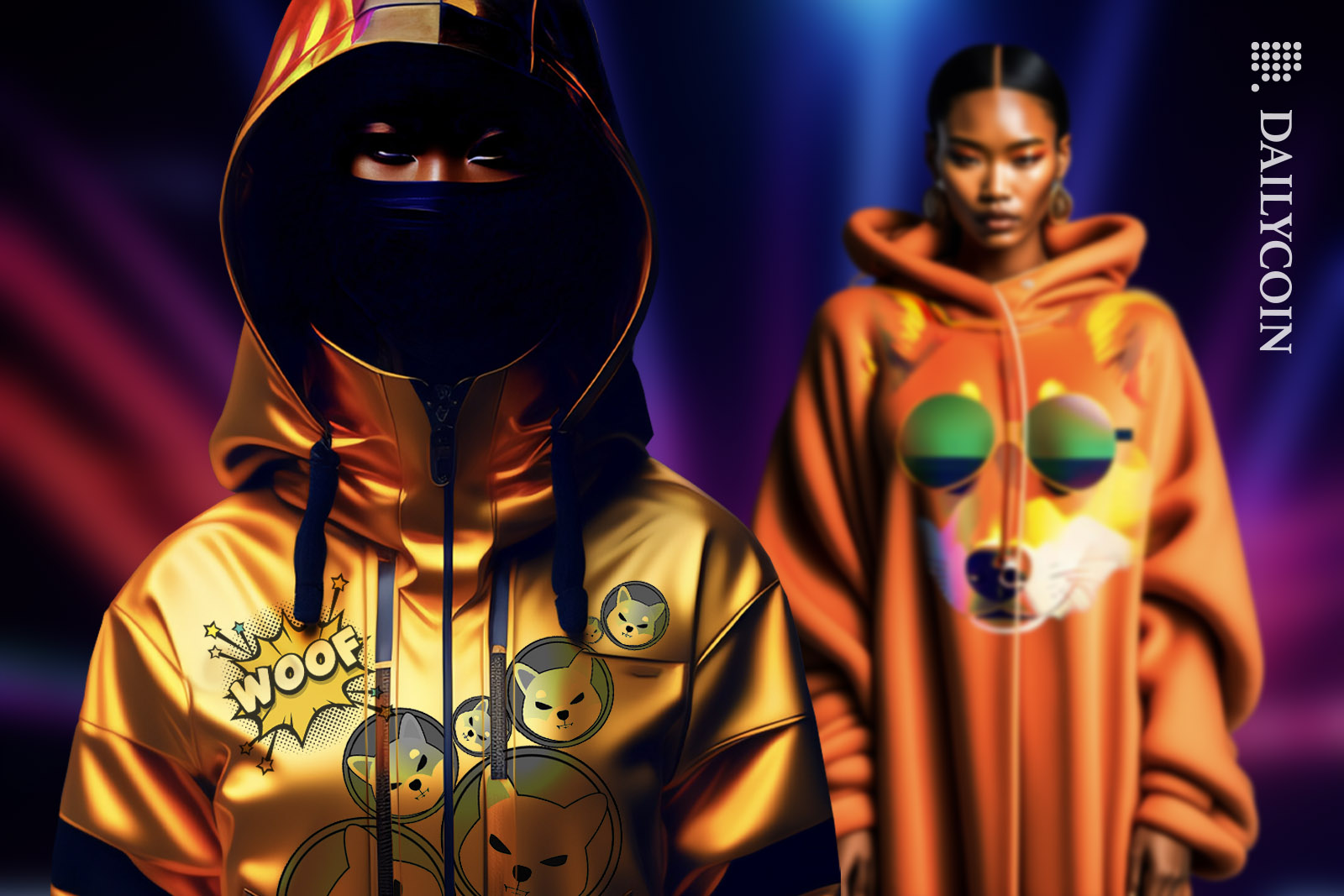 Two female models posing on the runway wearing Shiba Inu fasion pieces.