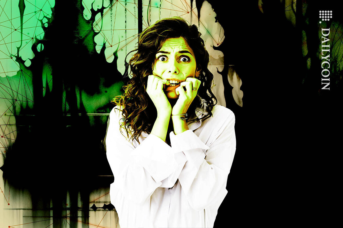 A very scared woman in a dark and spooky swamp.