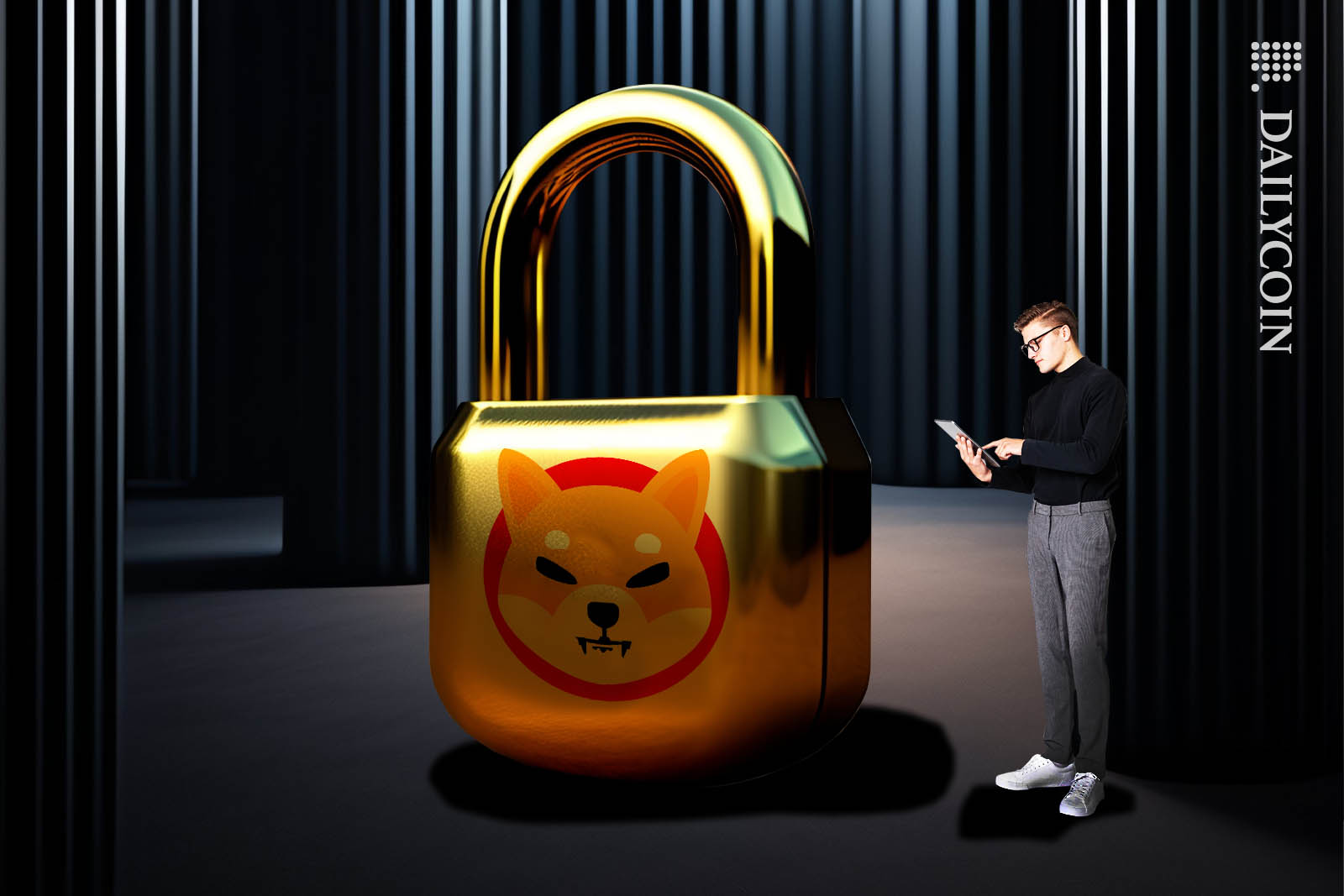 Smart looking guy presenting a huge golden padlock in a dark room full of big columns.