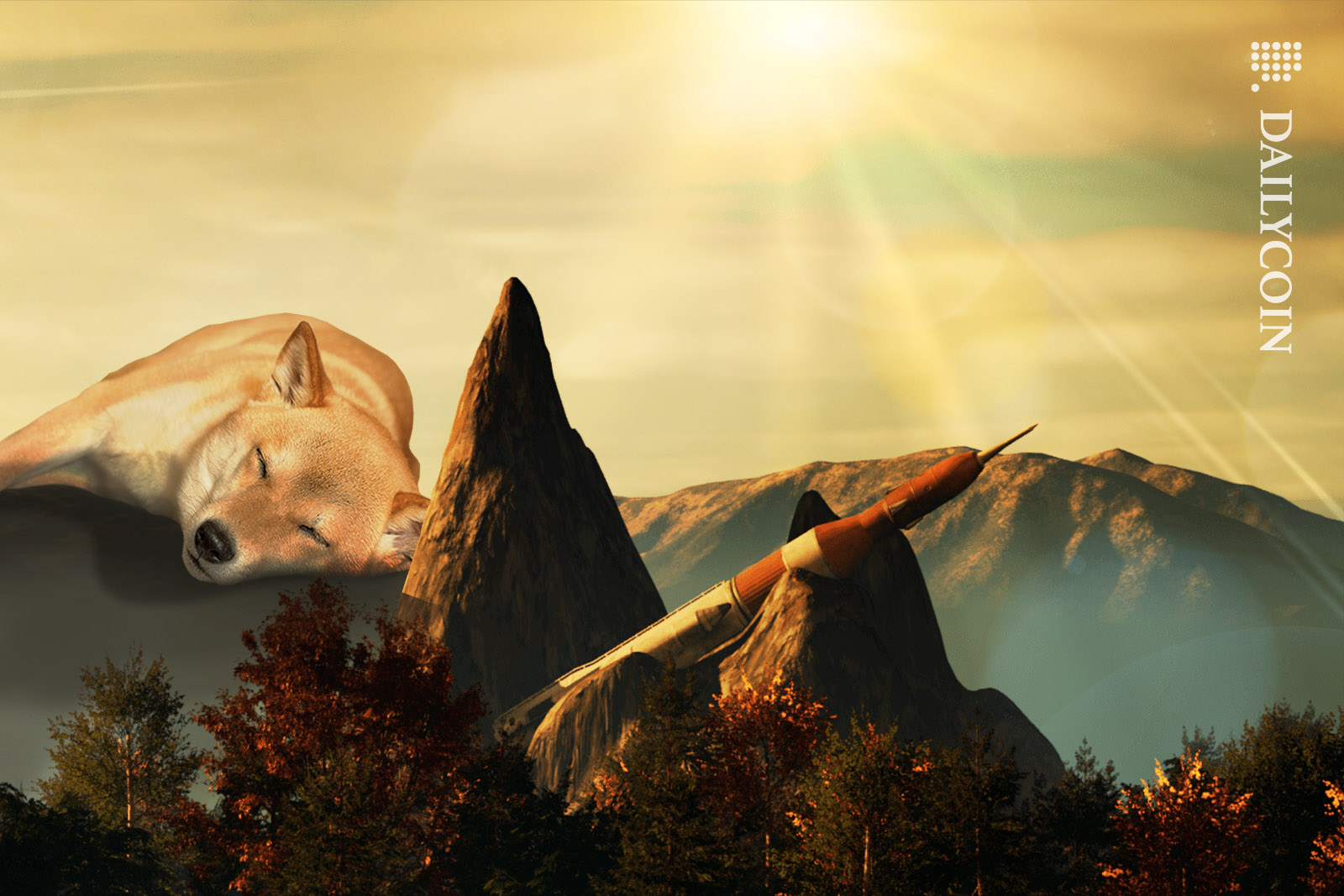 Shiba inu Sleeping on a hill close to the Rocket Pond in the Shiba Metaverse.