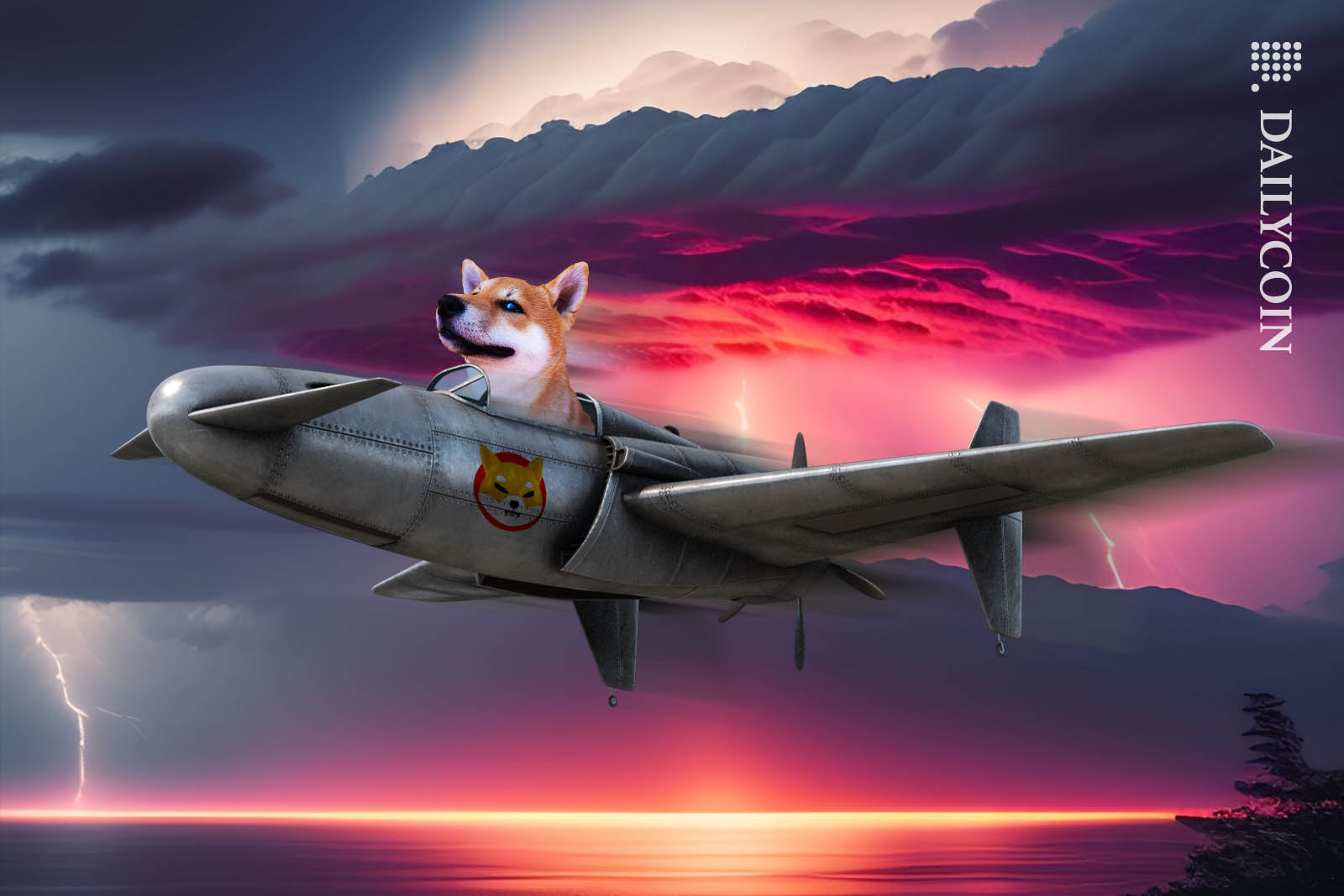 Shiba Inu flying a jet fighter very fast.