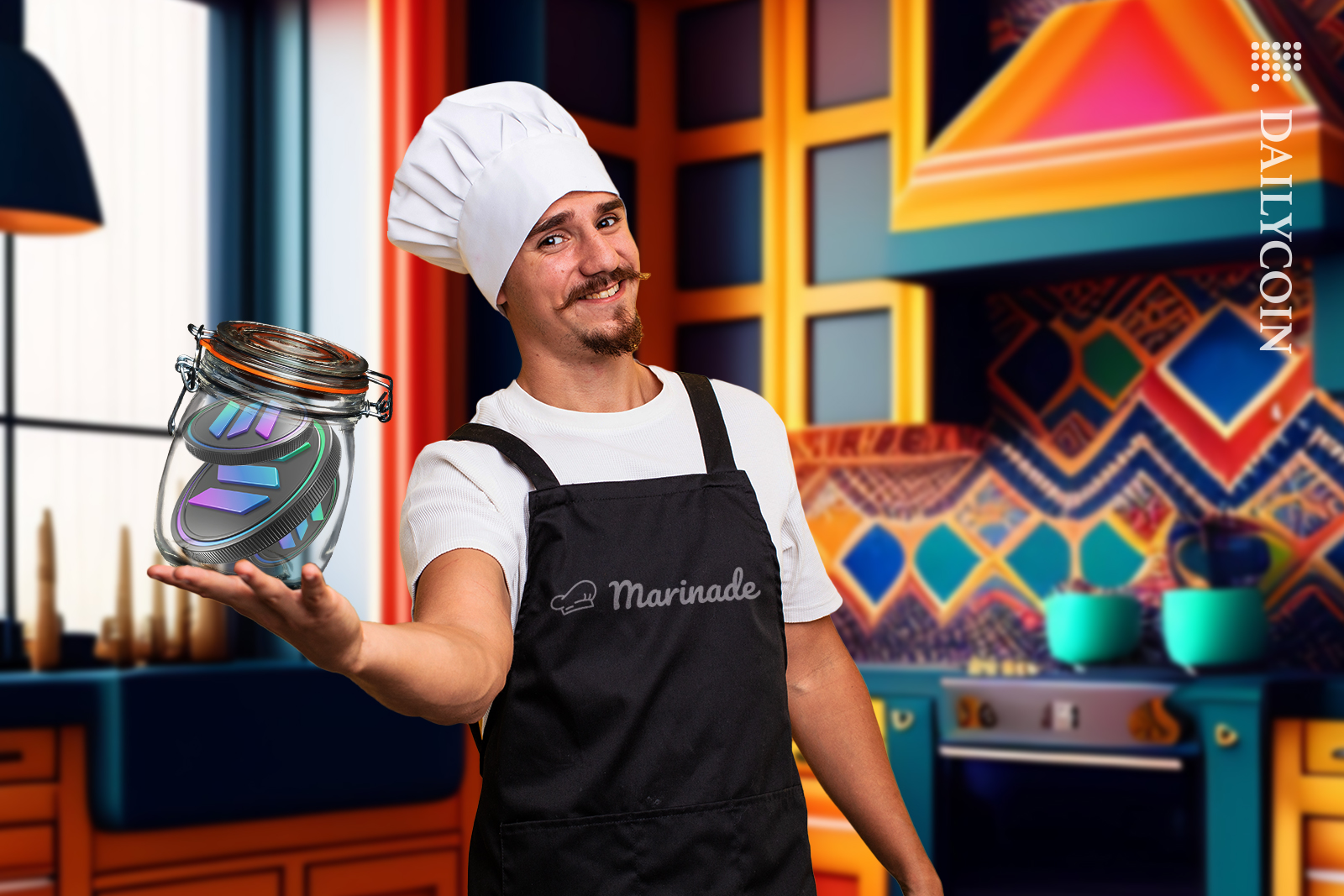 Chef ''Marinade Finance'' shows his marinating jar of Solana (SOL) coins.