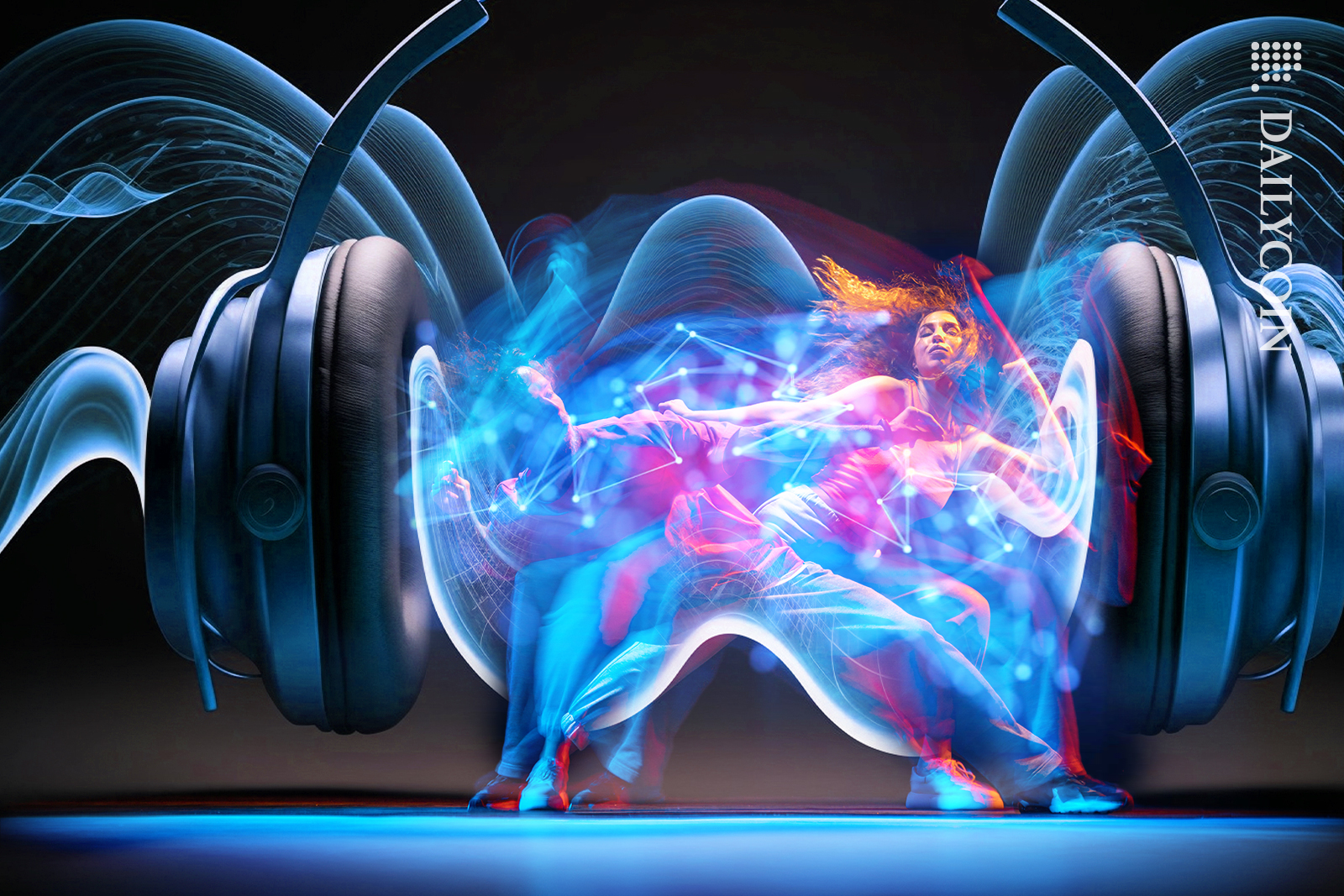 People dancing in blockchain headphones.