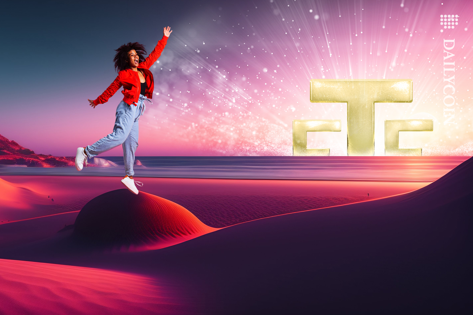 Woman cheering on her tip toe, after seeing Bitcoin ETF appearing from the horizon.