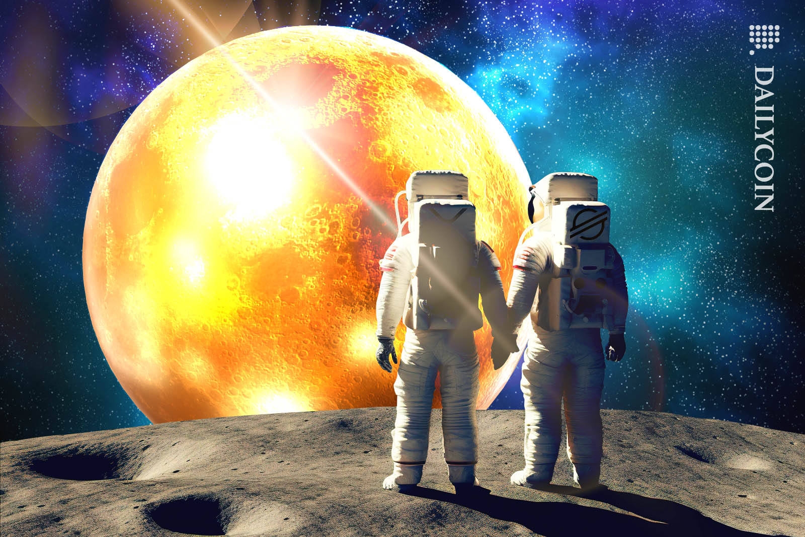 Two astronauts standing hand in hand on an alien planet, looking at a golden moon.