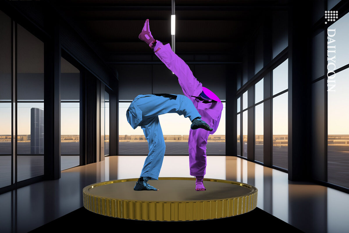 Two pairs of legs fighting against each other on a coin.