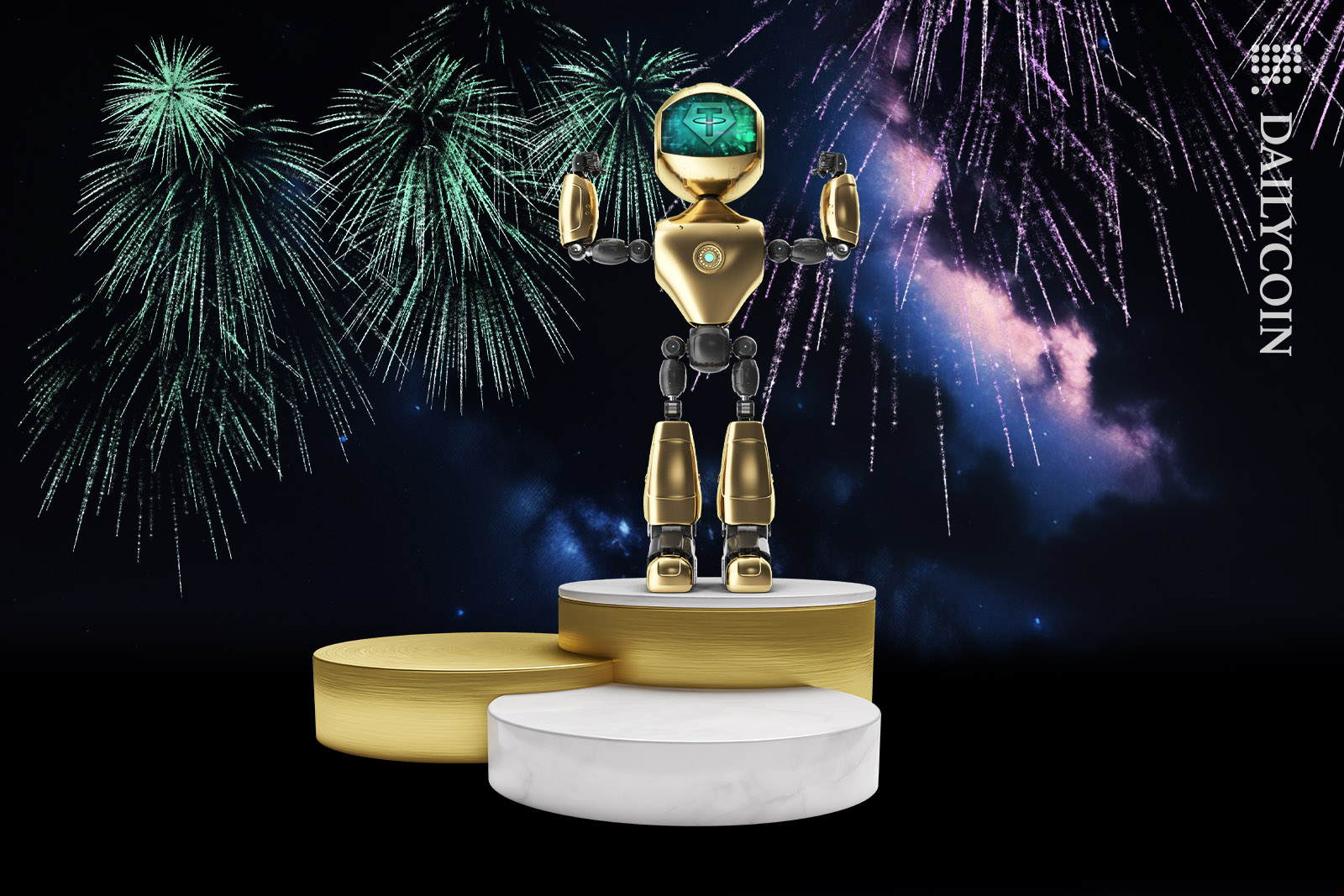 Tether robot celebrating victory on top of the podium with fireworks all around.