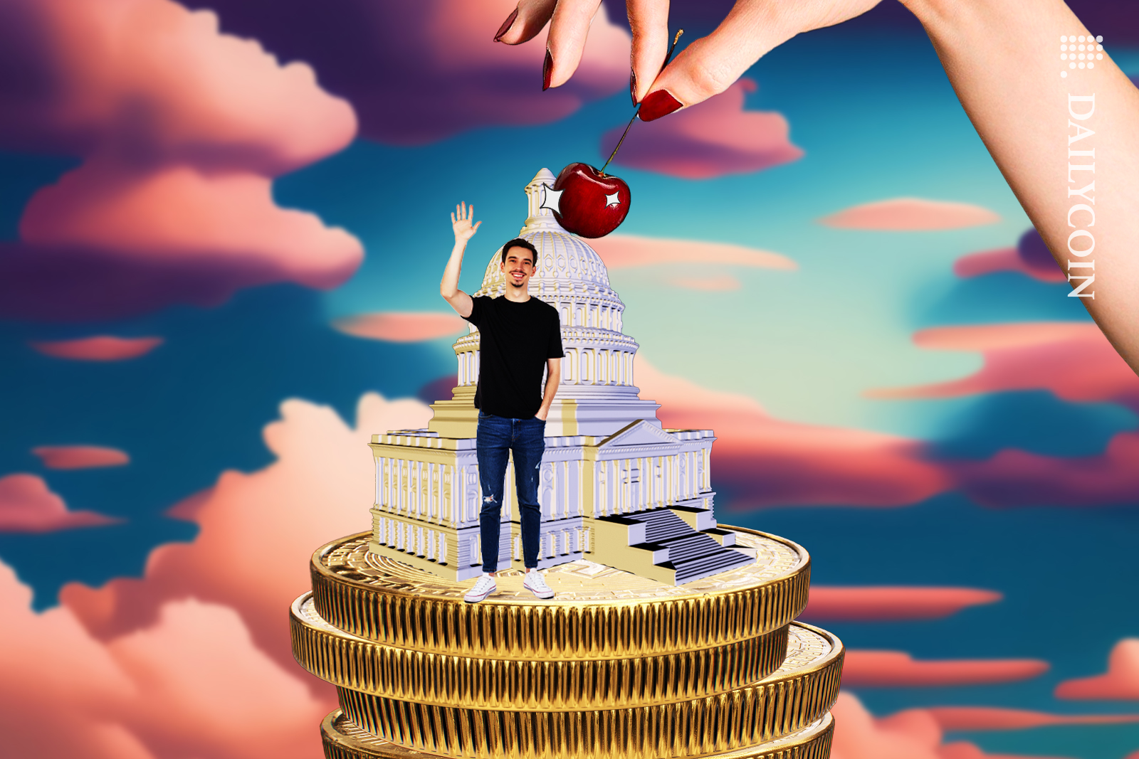 US Capitol building on crypto coins. Man next to it waving happy, and a cherry is going on top of the building.
