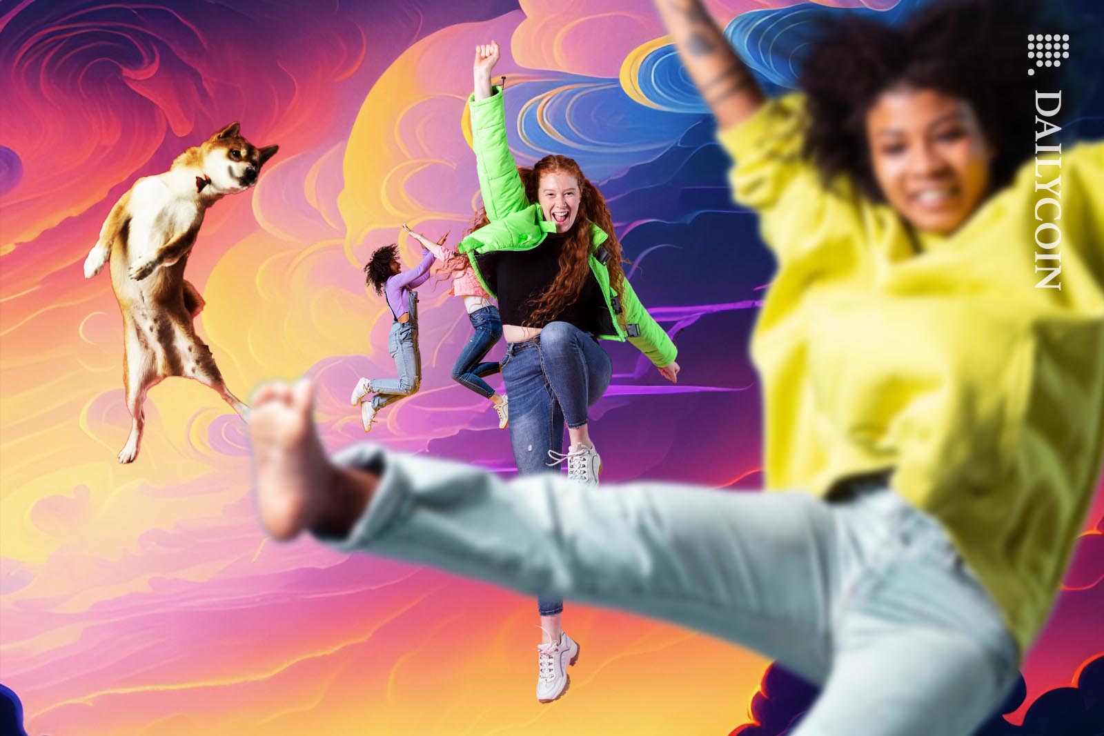 people and a Shiba Inu jumping high in colourful psychedelic clouds in celebration of victory.