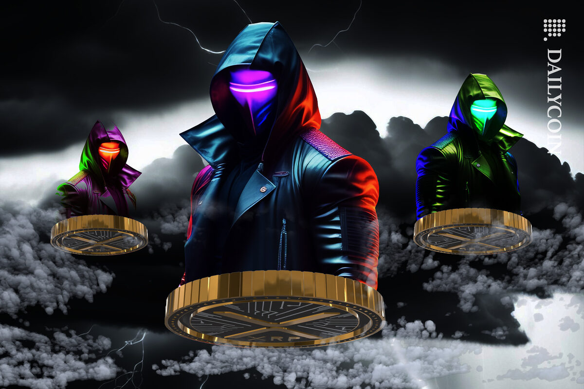Three scammers hovering on XRP coins under price within a dark and stormy sky.