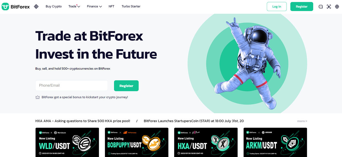 BitForex homepage with "trade at BitForex invest in the future" written.