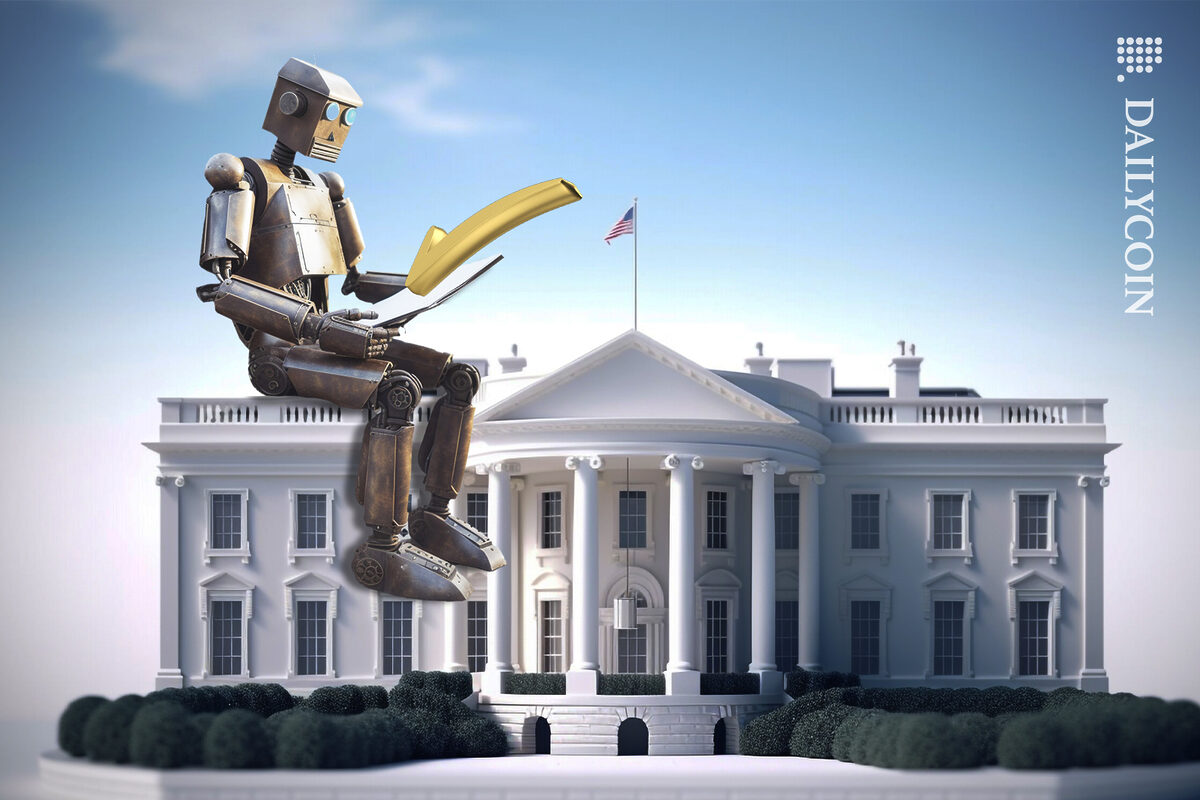 Robot sitting on the White House with a crypto document approved.