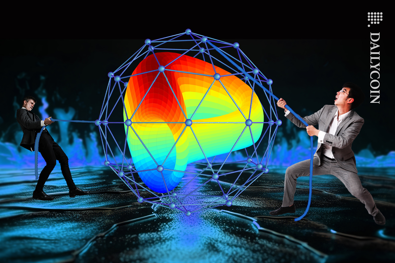 Two men trying to pull apart Curve Finance thats locked in a defi bubble.