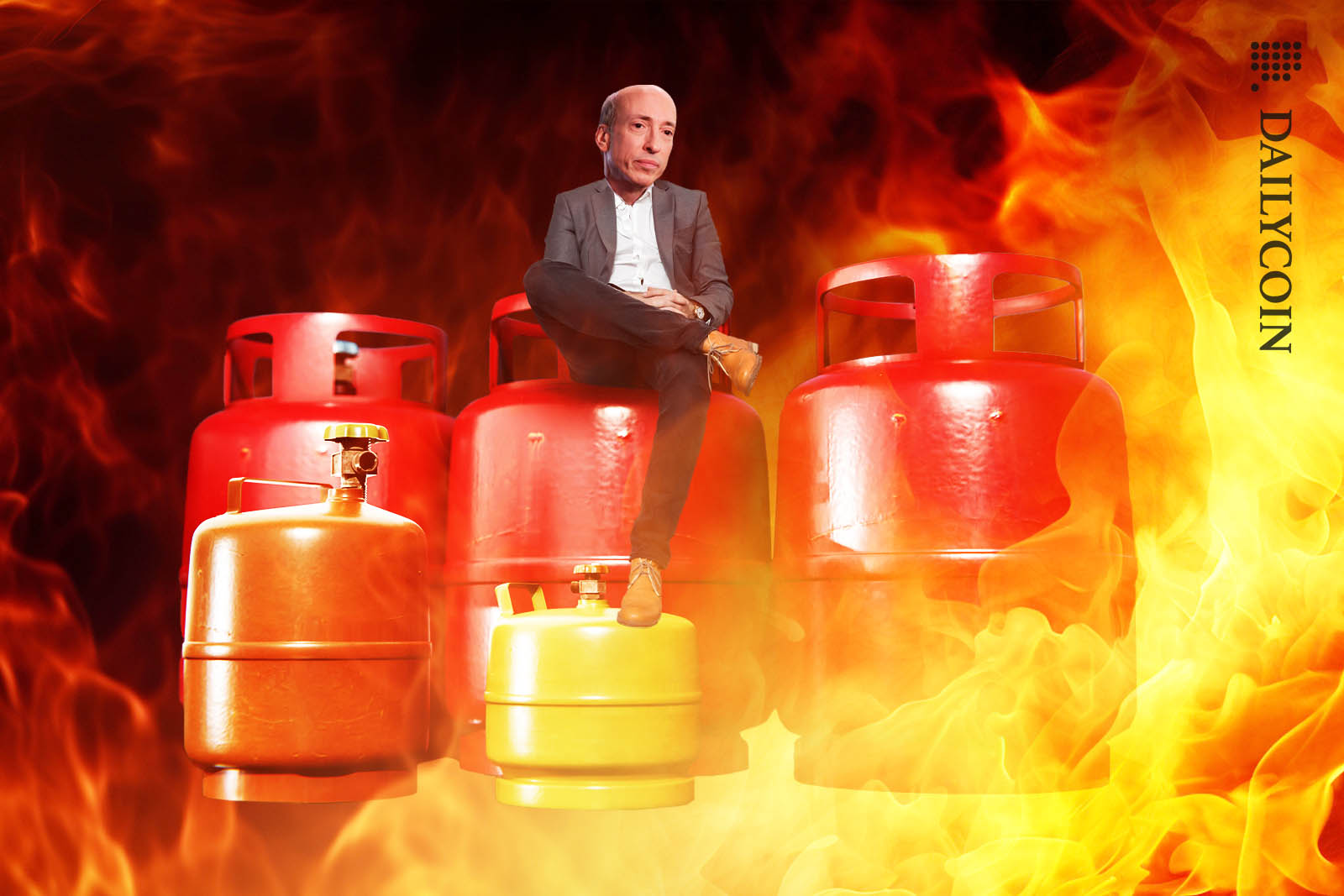 Gary Gensler sitting on fuel tanks in the middle of a fire.