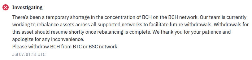 Binance notice informing users of “temporary shortage” of BCH.