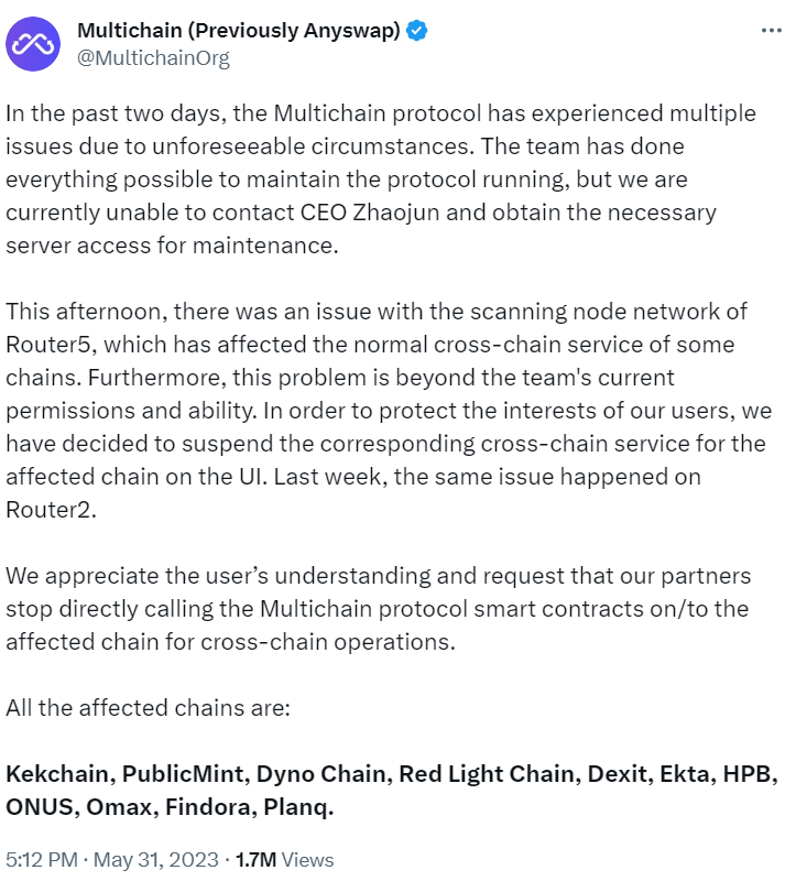 A tweet from Multichain regarding issues with the chains.