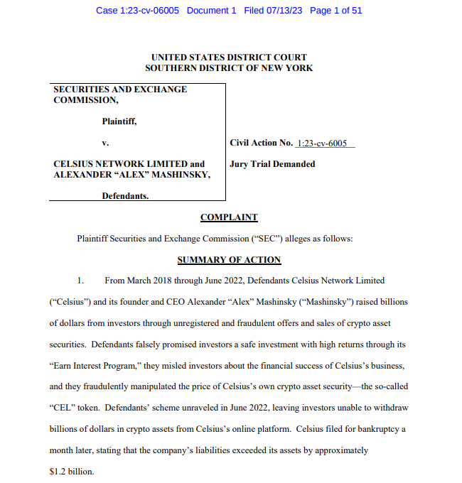 Snippet from the SEC's case against Celsius.